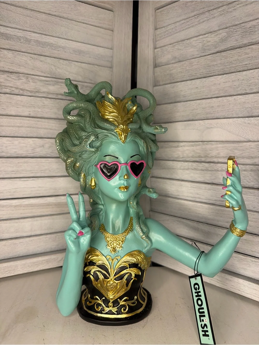 Aqua Medusa Vanity Statue with Pink Accents and Gold Detail